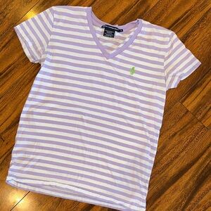 Ralph Lauren Purple and White Striped Short Sleeve v-neck Tee